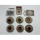 Six Scottish Bagpiper Kilt Brooches and others.