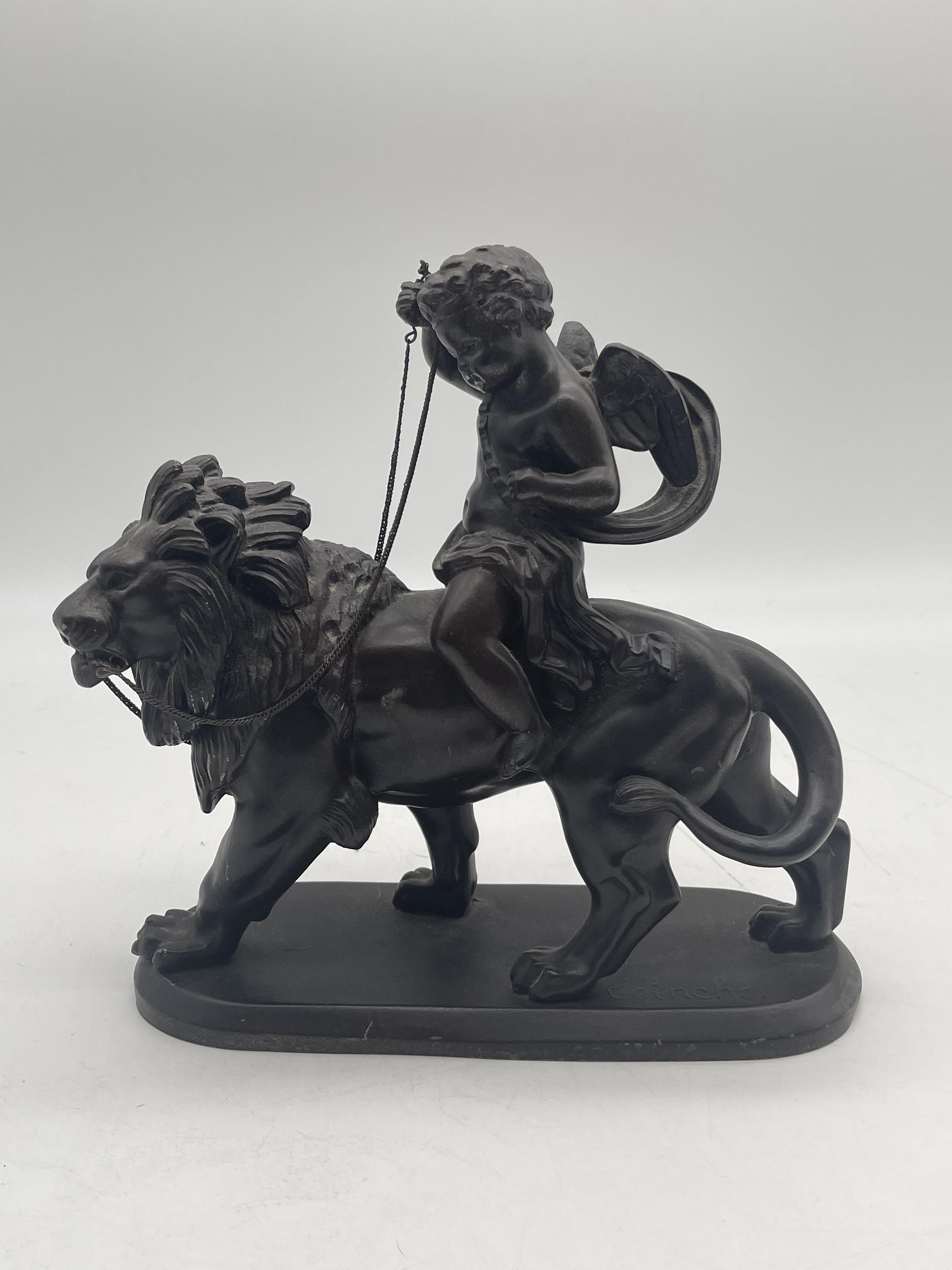 Lion with Cherub Signed Spelter Figure and Resin N - Image 3 of 21