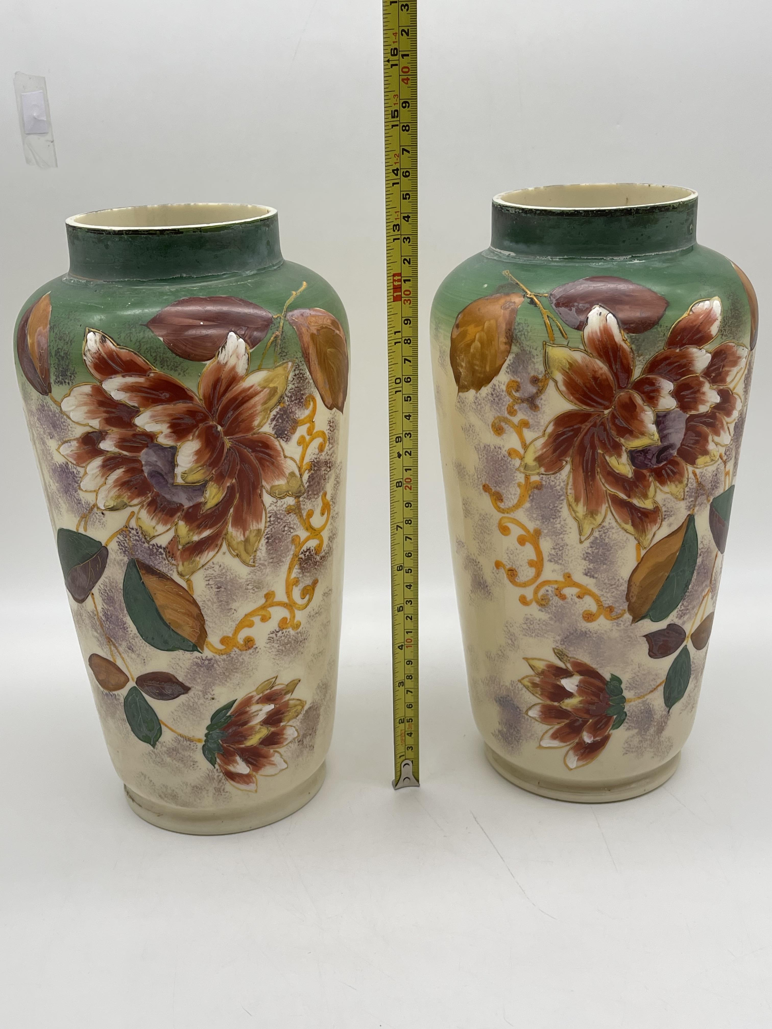 Pair of Antique Hand Painted Milk Glass Vases alon - Image 11 of 20