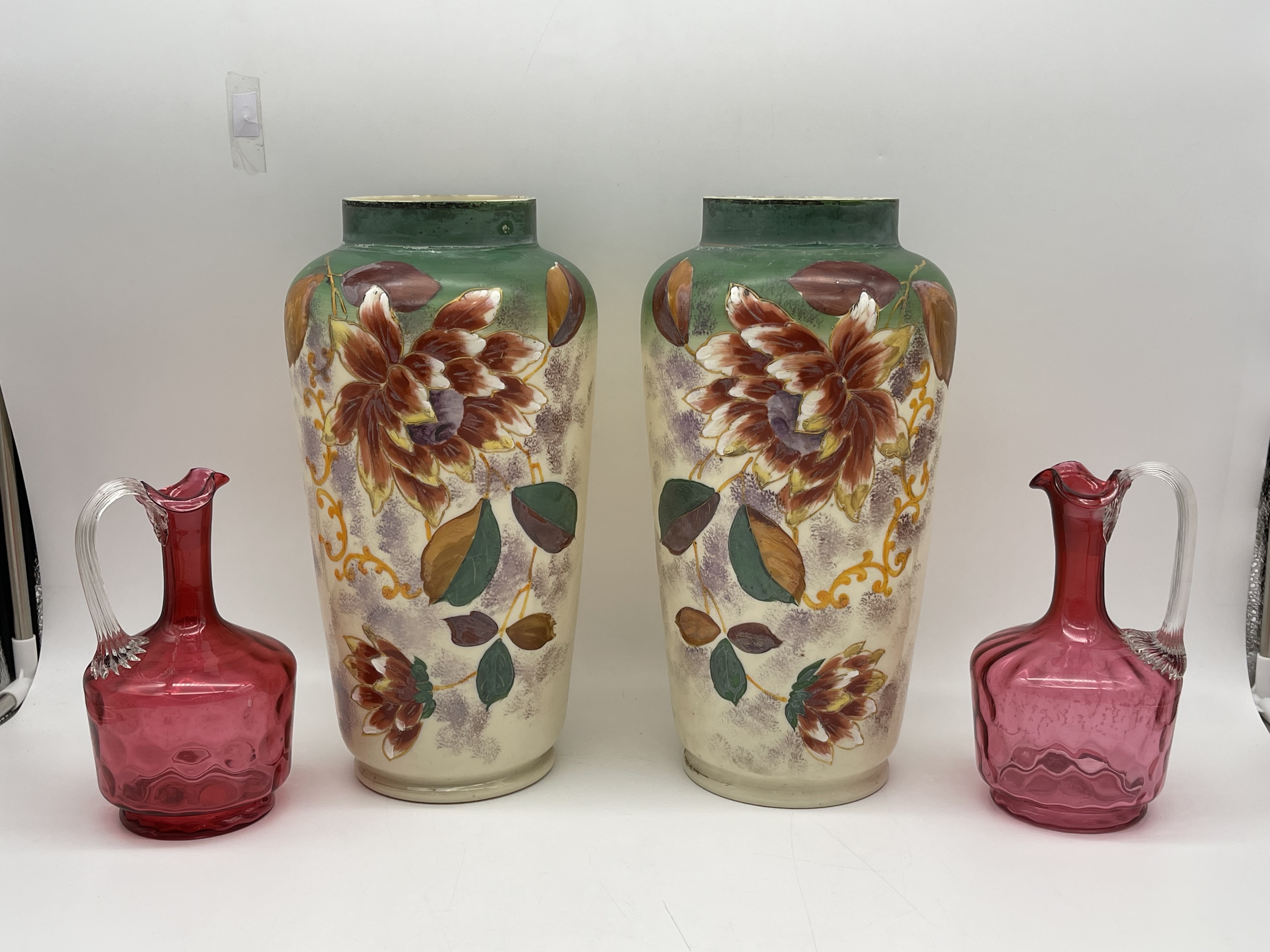 Pair of Antique Hand Painted Milk Glass Vases alon