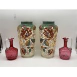 Pair of Antique Hand Painted Milk Glass Vases alon
