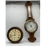 Wooden Wall Clock along with Aneroid Barometer.
