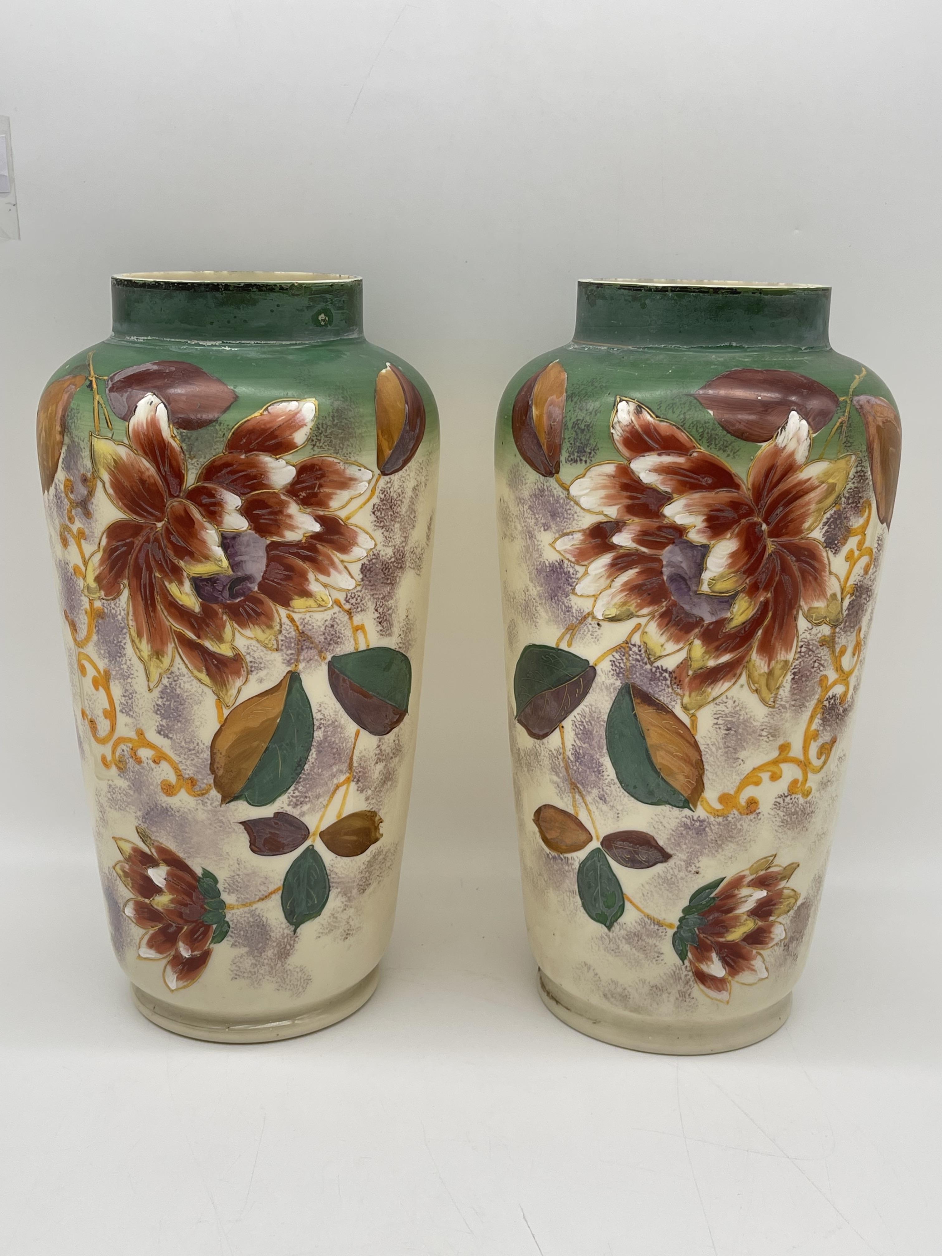 Pair of Antique Hand Painted Milk Glass Vases alon - Image 2 of 20