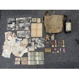WWI and WWII Medals along with Military Bag, Flask