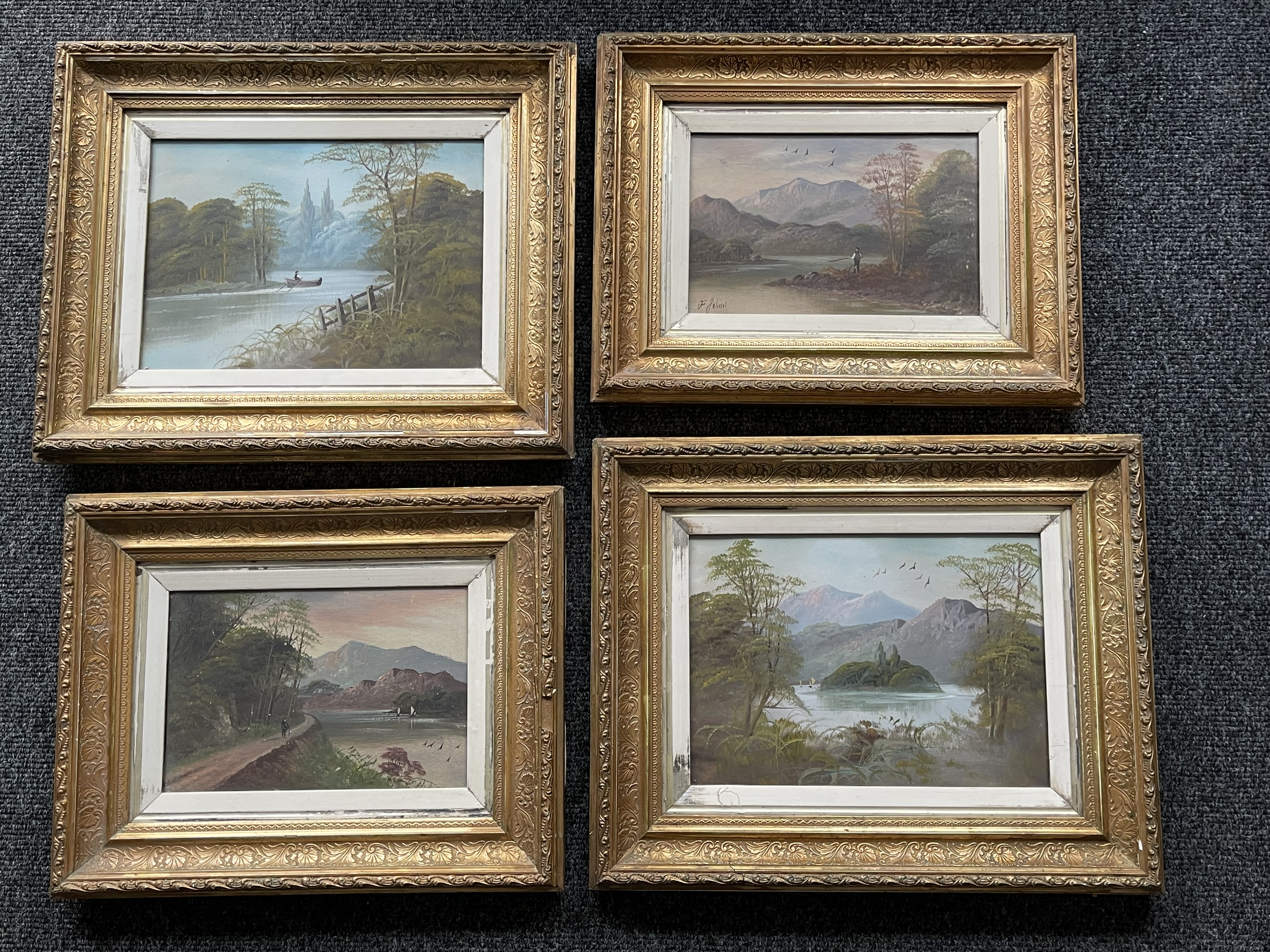 Four Framed Oil on Board Paintings, one signed, po