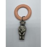 Antique Silver Plated Teddy Bear Baby Rattle.