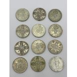 Collection of Twelve Florin and Shilling Coins.