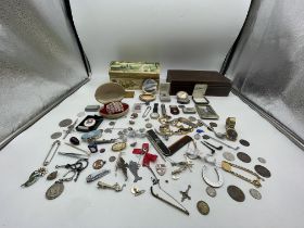 Assorted Lot to include Brooches, Watches, Coins,