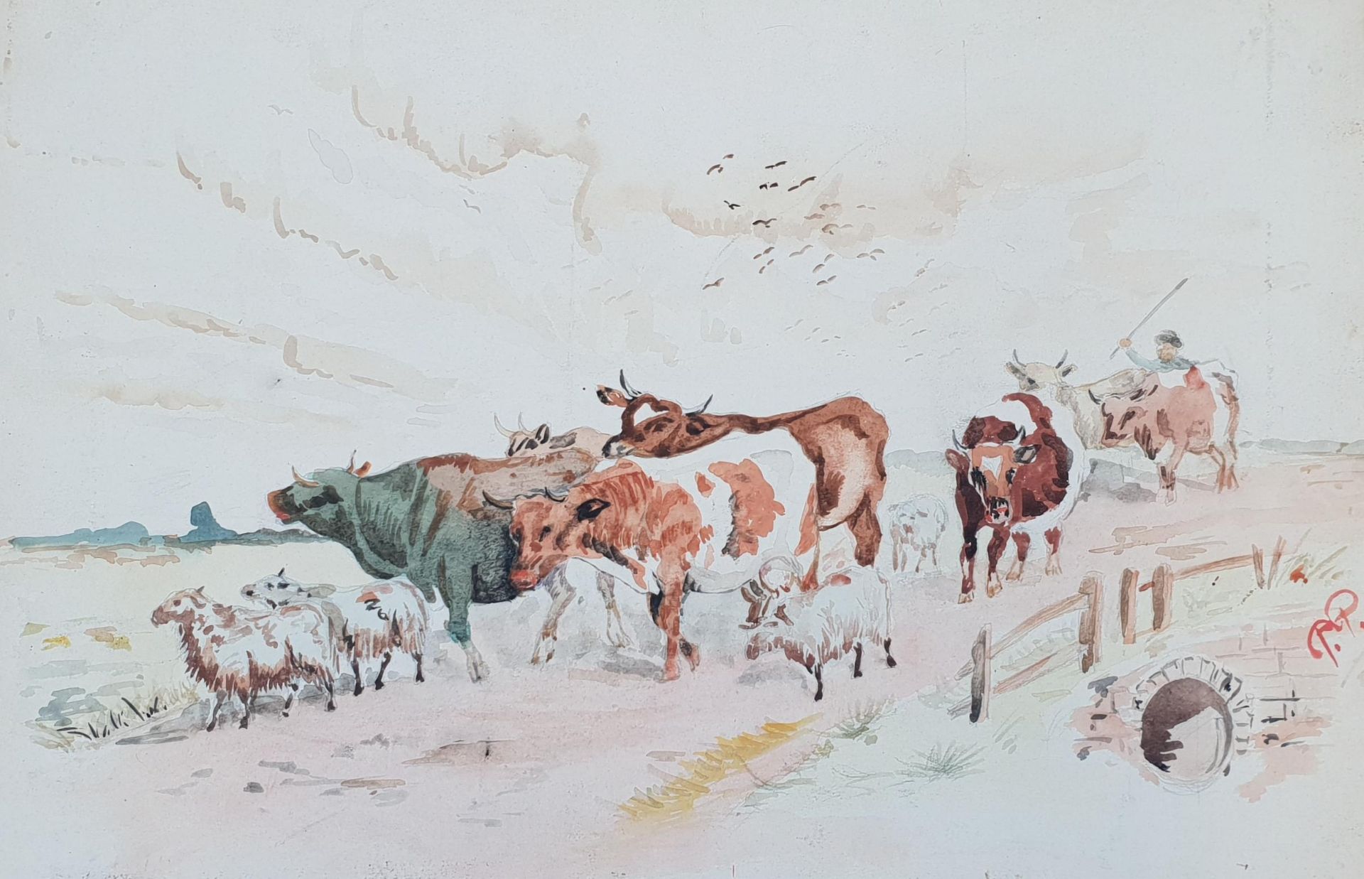 Aquarell, Bauer mit seinem Vieh , Aquarell auf Papier auf Malkarton, Künstlermonogramm: P.P. , 39,5