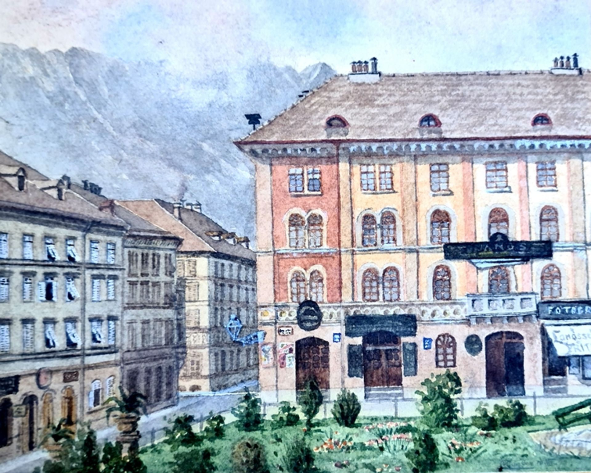 Dr. Karl Gugler, Blick Richtung Maria-Theresien.Straße in Innsbruck, Aquarell auf Papier, Rückseiti