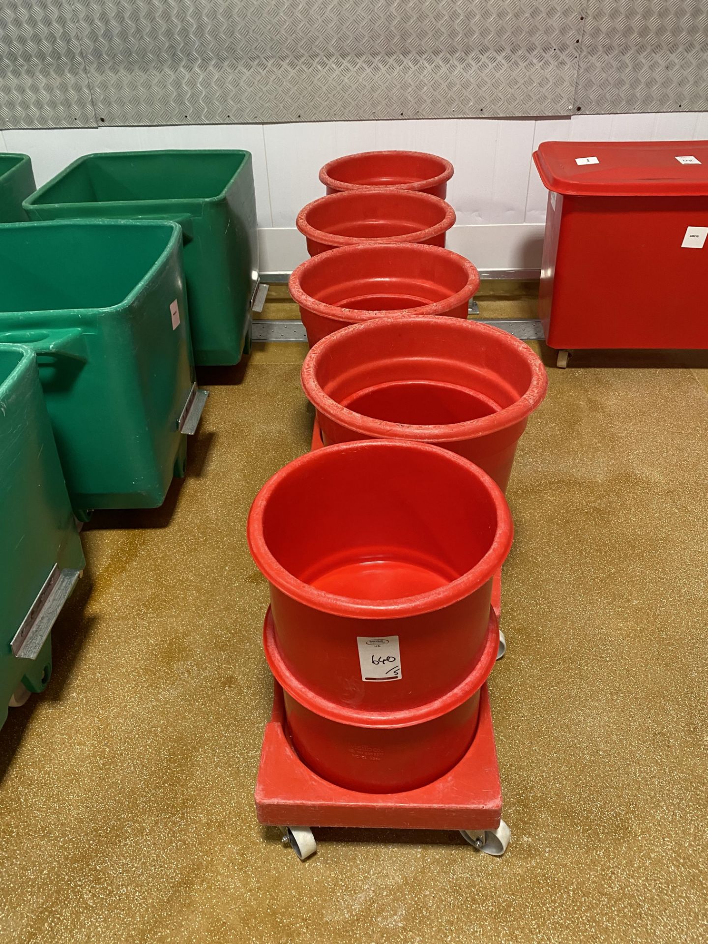 5 Mobile red plastic waste bins