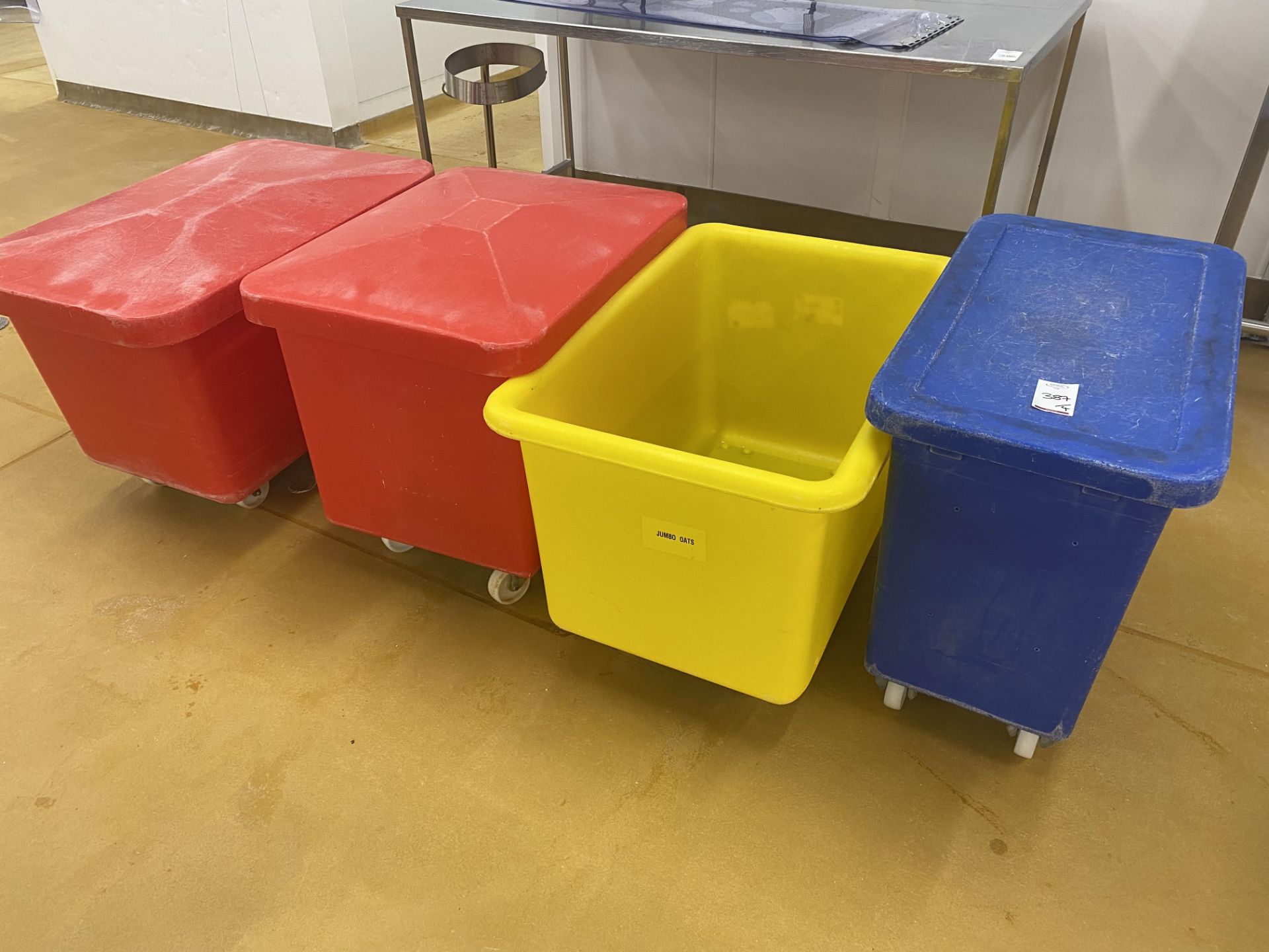 4 Mobile plastic bins with 3 lids (located in Factory 5)