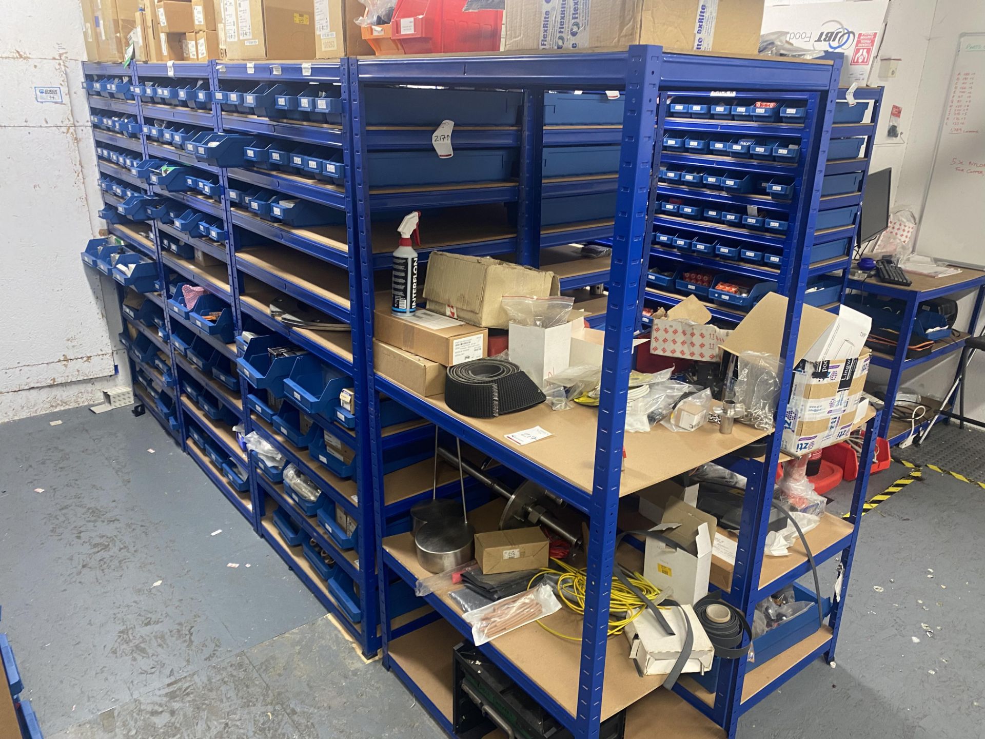 4 bays of racking and contents to include eletric connectors , fuses, fuse board, tripout boxes,