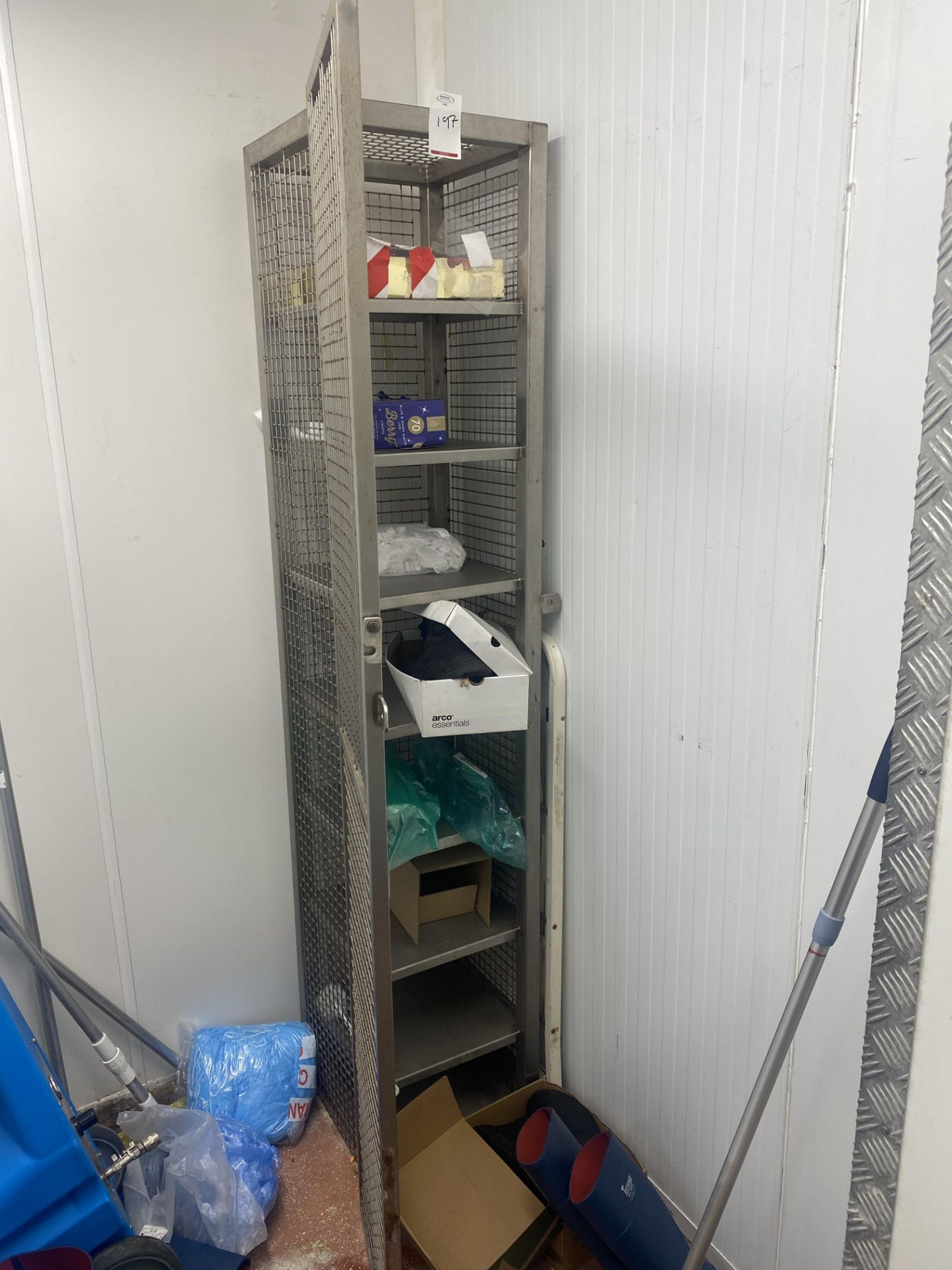 Contents of cleaning room to include , 2 white metal racks , metal locker unit (no door) , yellow - Image 6 of 6