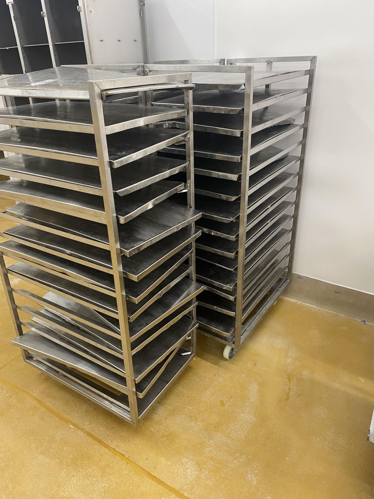 3 Mobile stainless steel tray trolleys (located in Factory 5)