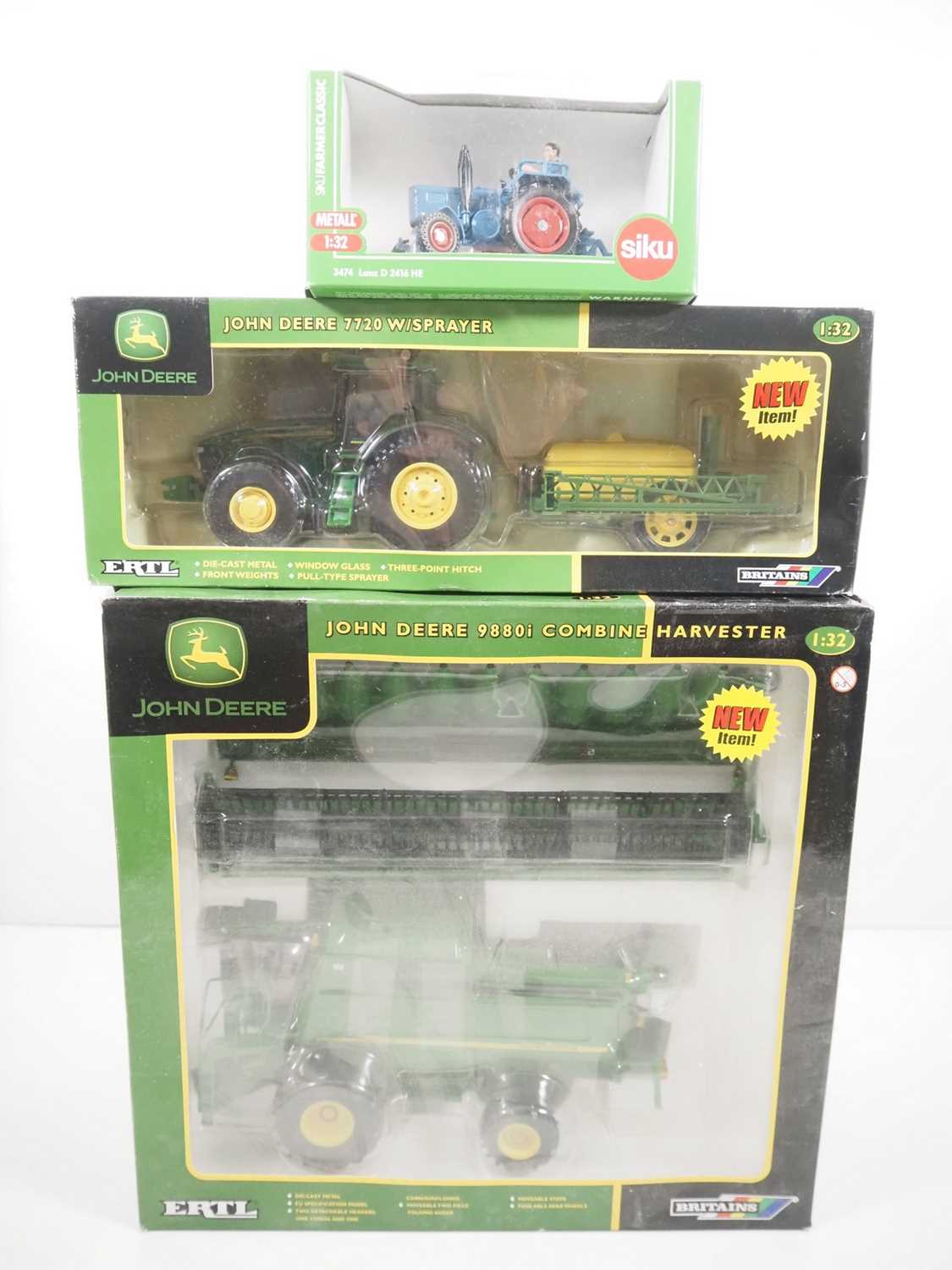 A group of 1:32 scale diecast tractors/farming equipment by SIKU and BRITAINS/ERTL, mostly in John