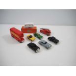 A group of TRI-ANG Minic Motorways cars, fire engine and bus together with a boxed caravan - G/VG