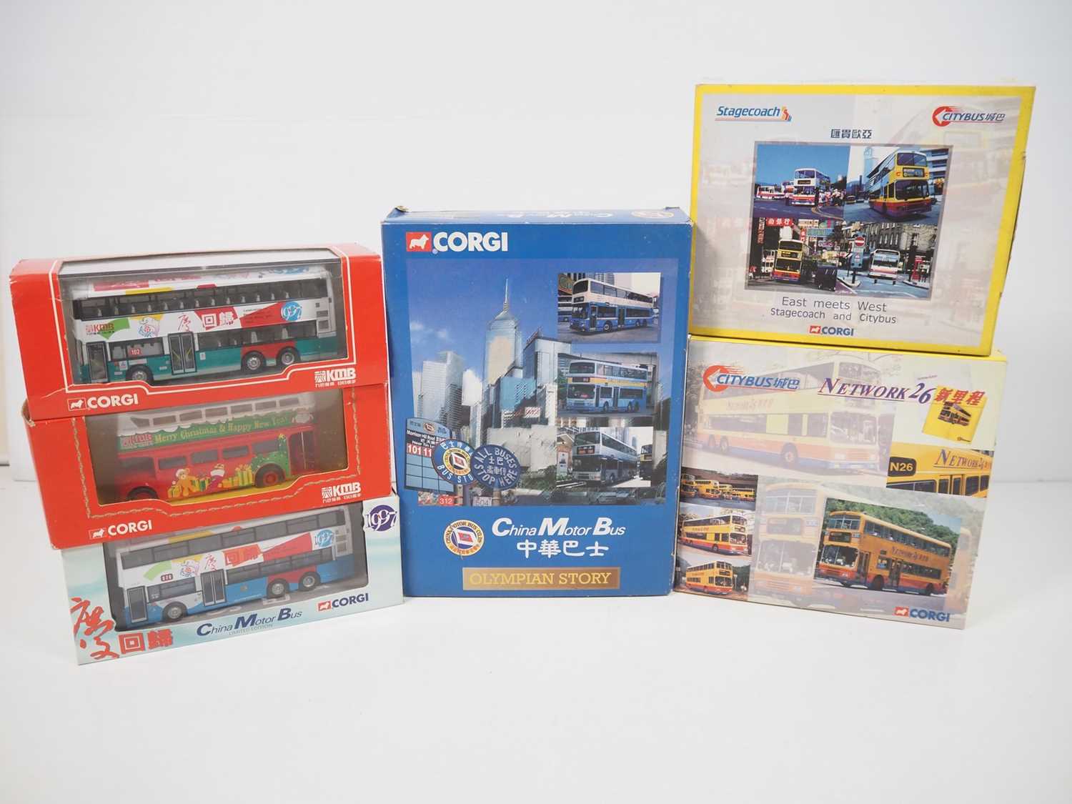 A group of CORGI OOC 1:76 scale Hong Kong issue buses comprising 3x individual buses, 2x twin