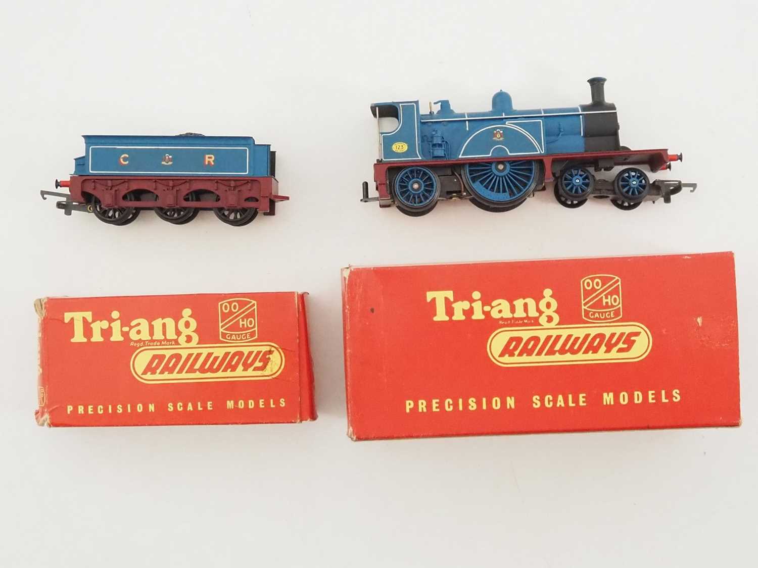 A TRI-ANG OO gauge Caledonian Single steam locomotive in CR matt blue - G-VG in G boxes (1 loco, 2