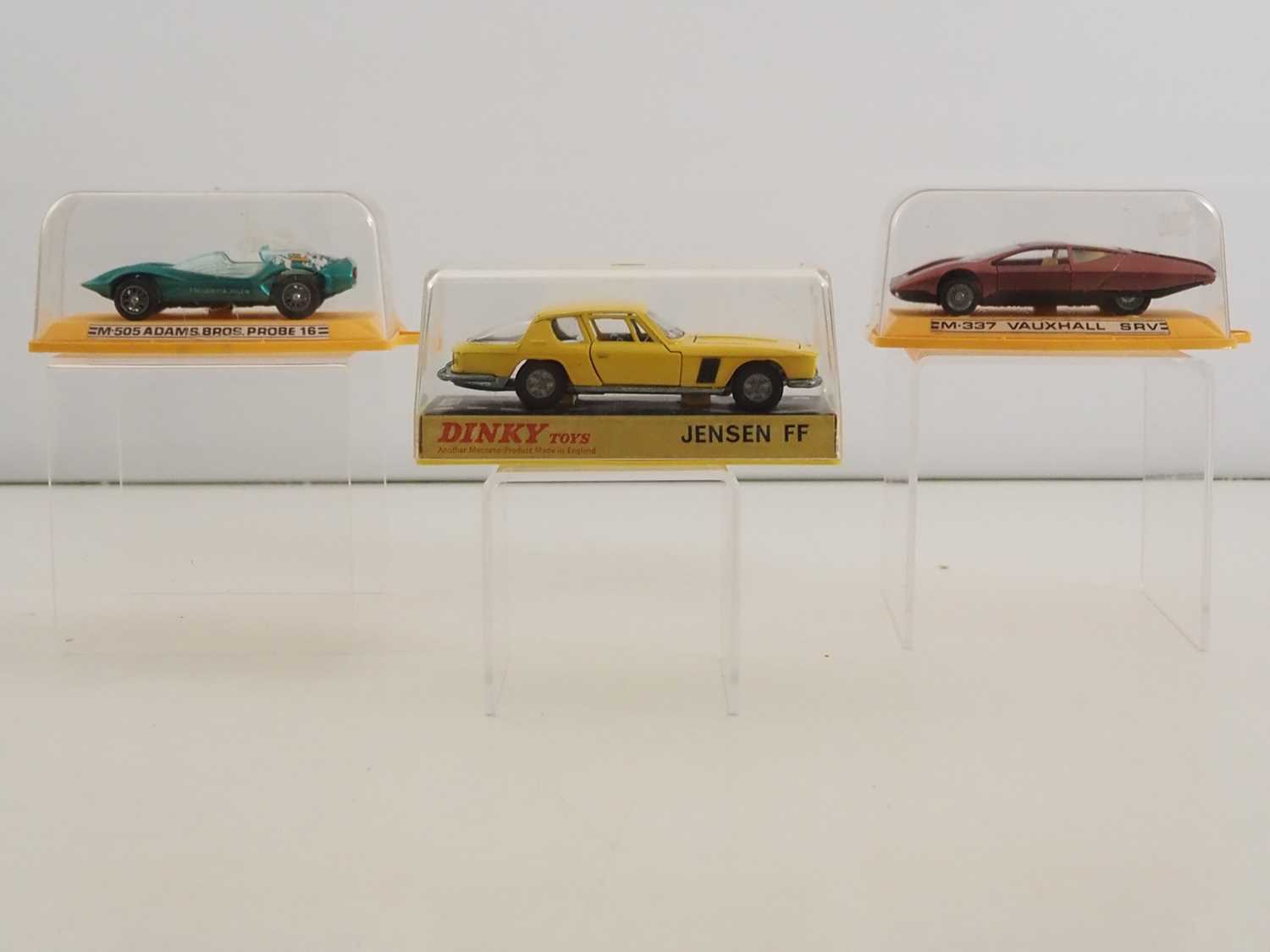 A group of 1:43 scale diecast cars comprising a DINKY 188 Jensen FF, an Auto Pilen (Spain) M505