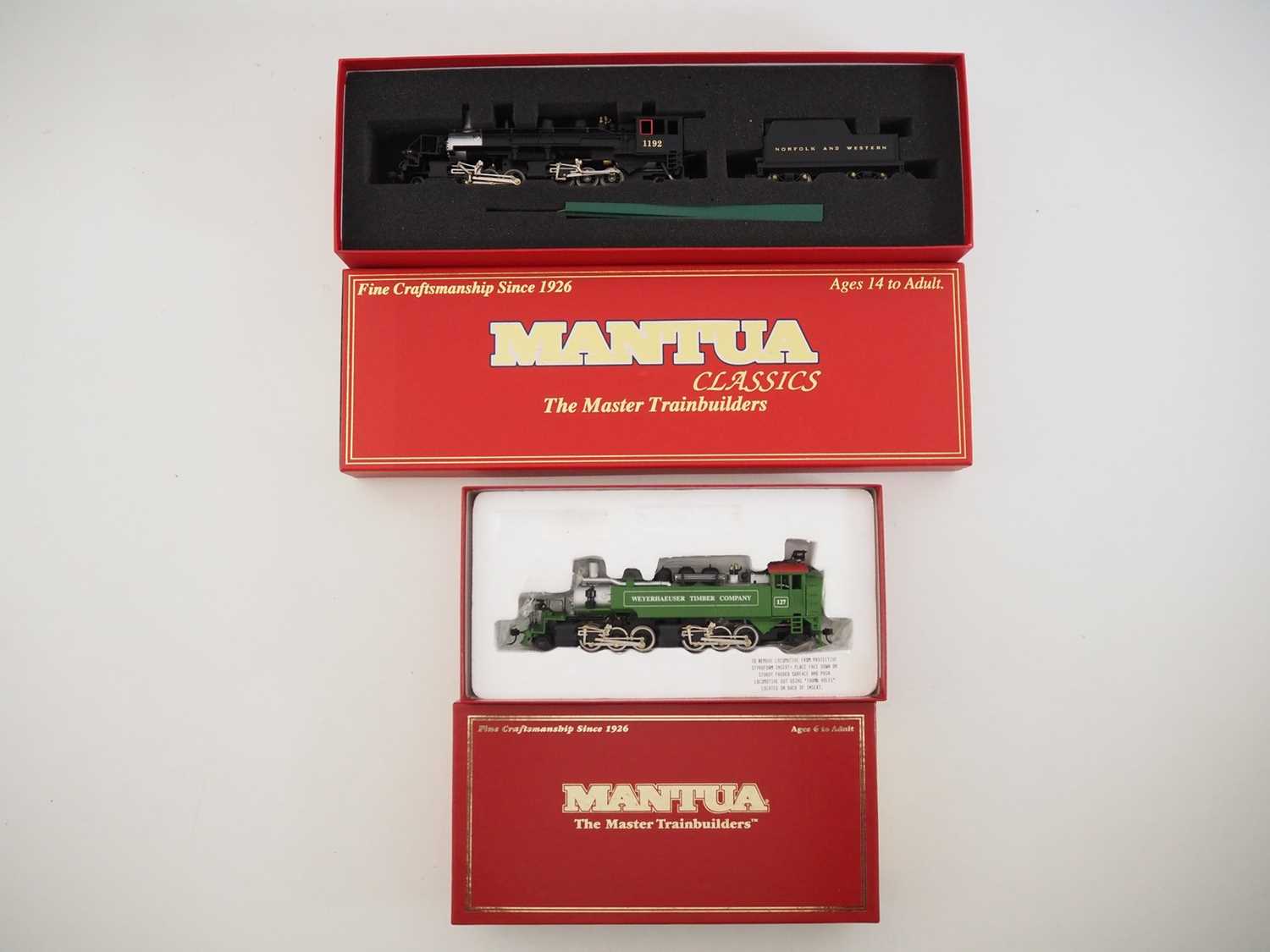 A pair of MANTUA HO gauge American outline articulated steam locomotives in Weyerhaeuser and Norfolk