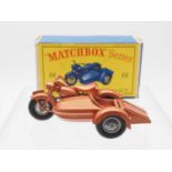 A Matchbox Regular Wheels 66b Harley Davidson Motorcycle & Sidecar, metallic copper body & base,