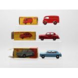 A group of DINKY Toys, comprising 161 Austin Somerset in red, a 140 Morris 1100 in pale blue and a