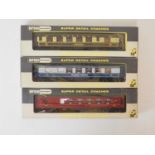 A group of WRENN OO gauge Pullman cars in mixed liveries comprising W6005, W6009 and W6012 'Pegasus'