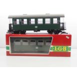 A pair of LGB G scale 3070 German outline passenger coaches in DB green livery, one unboxed, but