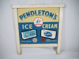 A mid-20th century 'Pendleton's Ice Cream' shop sign in wooden display frame, 78cm x 73.5cm