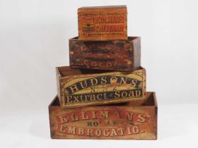 Wooden advertising boxes Elliman's Royal Embrocation, Hudson's Extract of Soap, Epps's Coca,