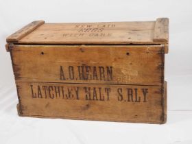 A vintage wooden farmers trade box reading 'A.O. Hearn, Latchley Halt S.RLY - New Laid Eggs with