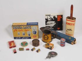 A collection of vintage automobilia items including; auto lamps, soldering and grinding paste, Glico