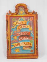 A wooden vintage restaurant sign reading 'Dine and Dance to Live Music at La Gitana', 96cm x54cm.