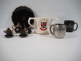 GUINNESS collectables including 1983 three handled ceramic mug, pewter tankard, miniature tea set