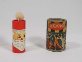 Two novelty cylindrical match boxes, one Italian depicting a Carnival scene, the other Japanese,