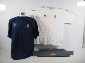 A group of crew clothing items comprising: TROY stunt crew t-shirts (white, XL) and (navy, XL)