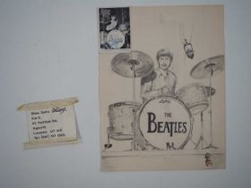 THE BEATLES - ABC Ringo Starr Bubble Gum card mounted on hand drawn original artwork in pencil by