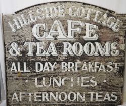 A large wooden café sign reading - Hillside Cottage Café & Tea Rooms wooden sign H138cm x W154cm