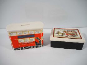 GUINNESS: A Carlton Ware - London Trolley Bus money box together with a Wade Hackney carriage lidded