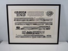 A framed and glazed limited edition 38/718 'The Shopping Areas of Crouch End' signed by the artist