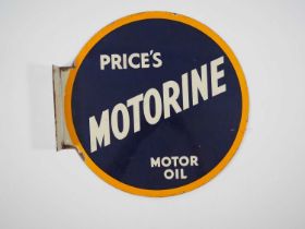 A Price's Motorine double sided motor oil enamel advertising sign in orange, cream and blue (