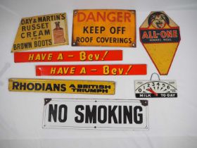 A collection of 8 vintage advertising signs including 'Have a bev, All in One Kennel Meal, No