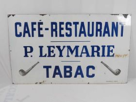 A mid-20th century French, enamel Café sign - 'Café - Restaurant, P. Leymarie, Tabac', 100cm x 60cm