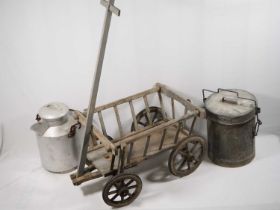 Vintage miniature wooden wagon and two milk/cream churns (3)