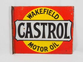 A mid-20th century 'Wakefield Castrol Motor Oil' double sided enamel shop display sign, 51cm x 41cm