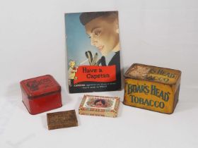 Tobacco advertising paraphernalia Capstan cardboard sign, Boar's Head tobacco tin, etc