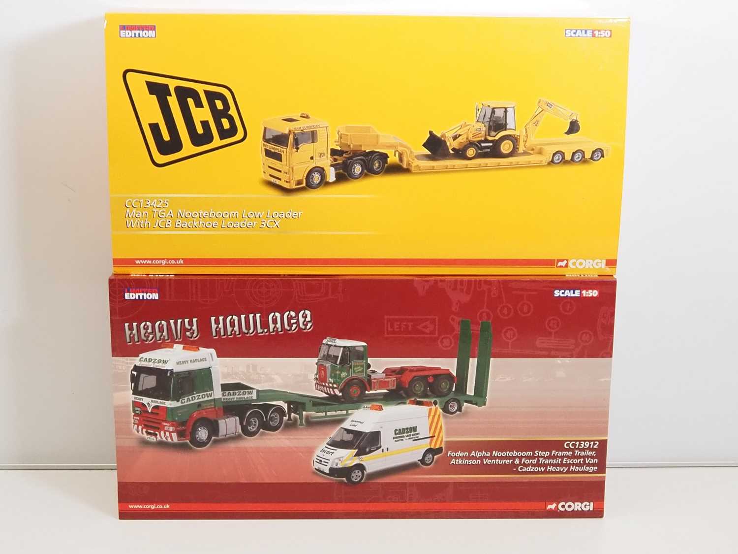 A pair of CORGI 1:50 scale diecast 'Heavy Haulage' articulated lorries comprising CC13425 and