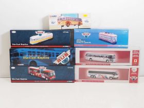 A group of CORGI 1:50 scale diecast American Outline diecast buses and street cars - VG/E in VG/E