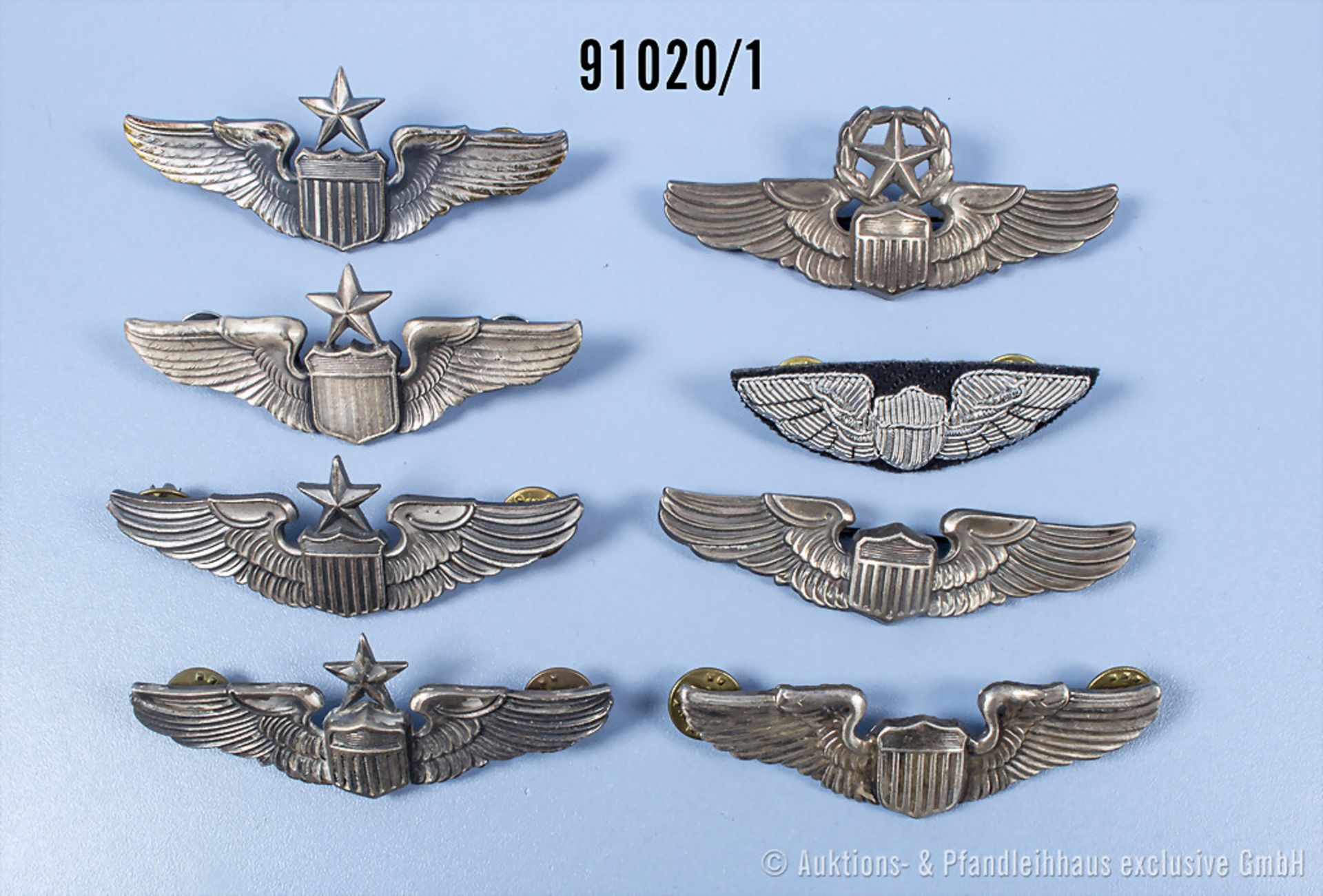 Konv. 8 Flugzeugführerabzeichen US Air Force, 2 x mit Silberpunze "Sterling", guter ...